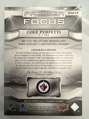 Cole Perfetti, 2022-23 Premier, Patch, Auto /49 #PFAP-CP back