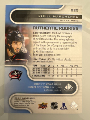 Kirill Marchenko, 2022-23 SP Game Used, Authentic Rookies Auto back