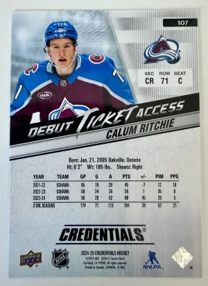 2024 Upper Deck Credentials Debut Ticket Access Calum Ritchie Rookie /999 back