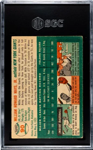1954 Topps Willie Mays #90 SGC 2.5 back