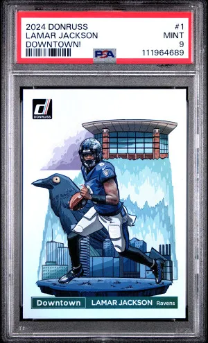 2024 Panini Donruss Downtown! Lamar Jackson PSA 9 front