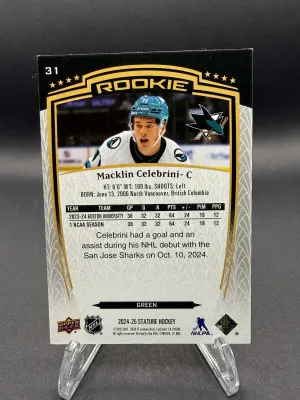 Macklin Celebrini Stature Green 271/375 Rookie 2024-25 back
