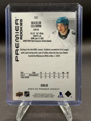 Macklin Celebrini Premier Rookies Gold 025/199 back