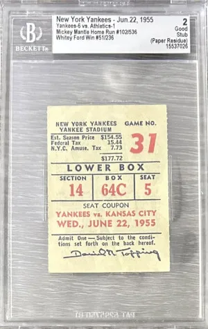 1955 Ny Yankees Mickey Mantle Hr 102/536 Ticket Whitey Ford Win 51/236 Bas 2 front