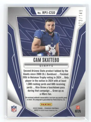 2025 Panini Phoenix Rookie Phenom Jersey Auto Cam Skattebo Silver 073/149 back
