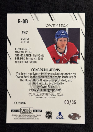 2023-24 Upper Deck O-Pee-Chee Platinum Cosmic Rookie Auto 03/35 #ROB Owen Beck back