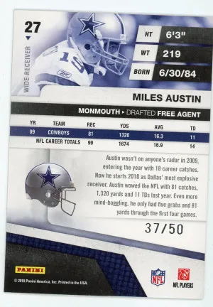 Miles Austin 2010 Absolute Memorabilia Spectrum Silver 37/50 #27 back