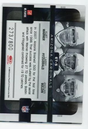 Kurt Warner Larry Fitzgerald Anquan Boldin 2008 Donruss Elite Teams Black 273/800 #5 back