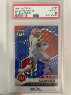 2021 Panini Mosaic Ja’marr Chase Blue Mosaic /99 PSA 10 front