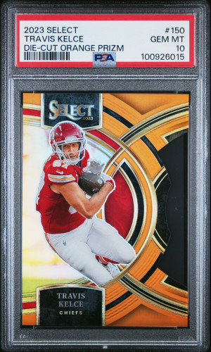 2023 Panini Select Travis Kelce Die-Cut Orange Prizm /399 PSA 10 front
