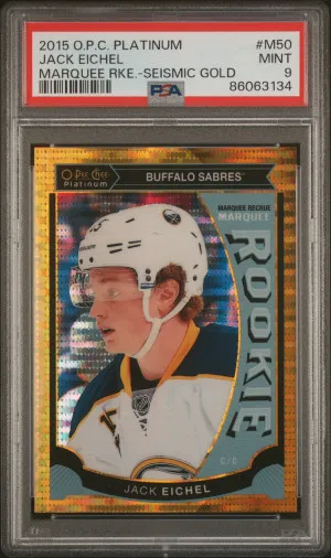 2015 O-Pee-Chee Platinum Marquee Rookies 50/50 Jack Eichel Seismic Gold Bookend front