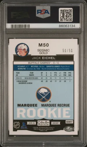 2015 O-Pee-Chee Platinum Marquee Rookies 50/50 Jack Eichel Seismic Gold Bookend back