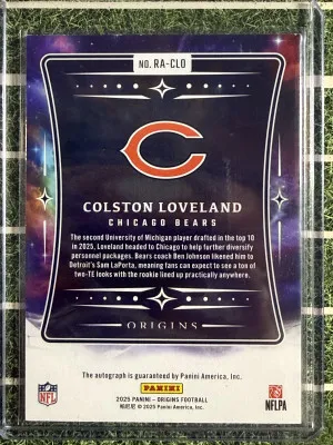2025 Origins Rookie Autograph 14/99 Colston Loveland "On Card" back