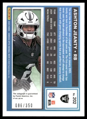2025 Donruss Optic #202 Ashton Jeanty Rated Rookies RPS Autographs #/350 back