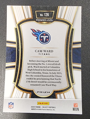 2025 Panini Select Cam Ward Green/Yellow Premier Level back