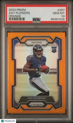 2023 Panini Prizm Football Zay Flowers #307 Orange 205/249 RC PSA 10 front