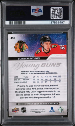 2023 Upper Deck Connor Bedard Young Guns PSA 9 Mint back