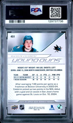 2024 Upper Deck Macklin Celebrini Young Guns PSA 10 back