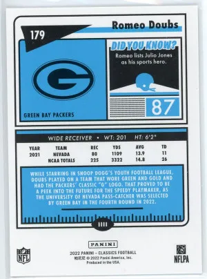 2022 Classics #179 Romeo Doubs Rookie Blue Back 69/75 back