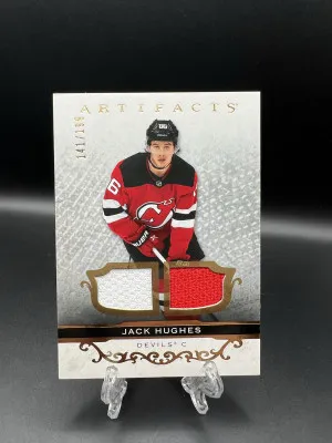 Jack Hughes Material Gold /199 Dual Game Used Jersey front
