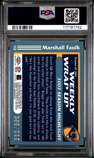 2003 Topps Chrome Football Marshall Faulk #152 Black Refractor 569/599 PSA 9 back