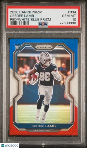 2020 Panini Prizm Football Ceedee Lamb #334 Red White Blue Prizm RC PSA 10 front