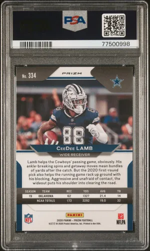 2020 Panini Prizm Football Ceedee Lamb #334 Red White Blue Prizm RC PSA 10 back