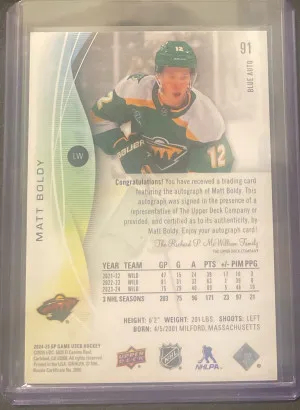 Matt Boldy SP Game Used Auto back