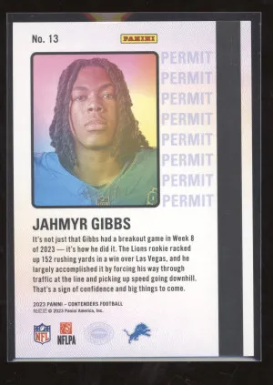 2023 Panini Contenders Football Permit to Dominate Jahmyr Gibbs #13 RC back