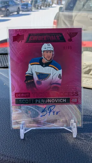 2021-22 Upper Deck Credentials Debut Ticket Access Autographs Red #DTAASP Scott Perunovich/49