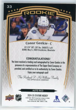 2024-25 UD Stature Conor Geekie Rookie Autograph Red 73/99 #33 back