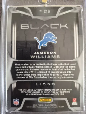 2022 Panini Black Jameson Williams 3 Color RPA 17/199 back