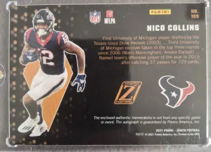 2021 Panini Zenith Nico Collins 2 Patch RPA 09/50 back