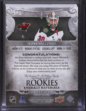 2024-25 Upper Deck Artifacts Rookies Jesper Wallstedt #172 Emerald Materials /99 back
