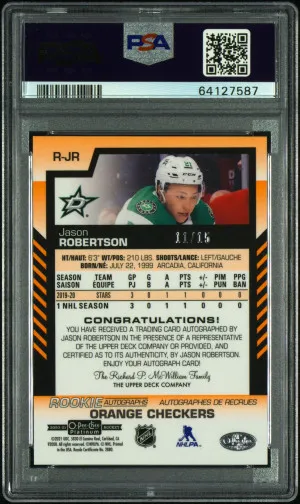Jason Robertson 2020-21 OPC Platinum Orange Checkers Rookie Auto 11/15 PSA 10 back