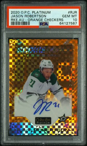 Jason Robertson 2020-21 OPC Platinum Orange Checkers Rookie Auto 11/15 PSA 10 front