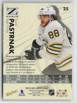 2024-25 SkyBox Metal Universe Hockey Z-Force David Pastrnak #25 back