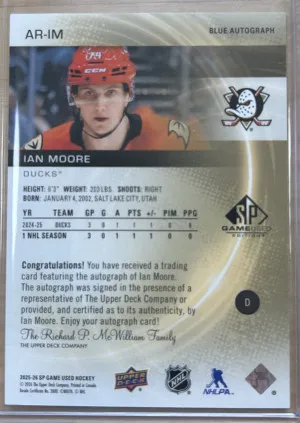 SP Game Used Authentic Rookies Ian More Autograph back