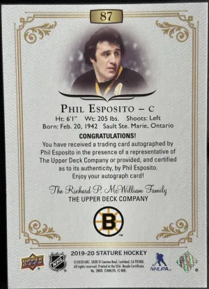 2024 Upper Deck Stature - SSP RARE JERSEY NUMBERED 07/35 Phil Esposito Auto 2019-20 Update back