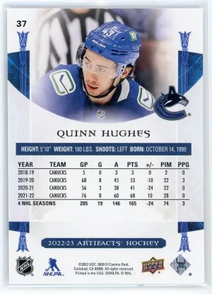 2022-23 Artifacts #37 Quinn Hughes Copper 77/299 back