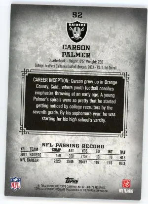 2012 Topps Inception #52 Carson Palmer Blue 208/252 back