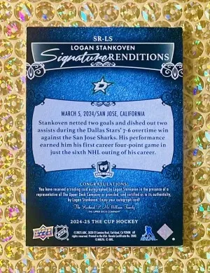 2024-25 UD The Cup #SR-LS Logan Stankoven Signature Renditions RC Blue Ink back