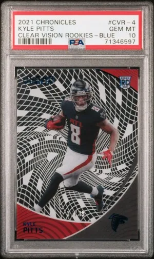 2021 Panini Chronicles Clear Vision Rookies Kyle Pitts Clear Vision Rookies-Blue 34/99 front