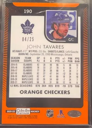 John Tavares Orange Checkers /25 back
