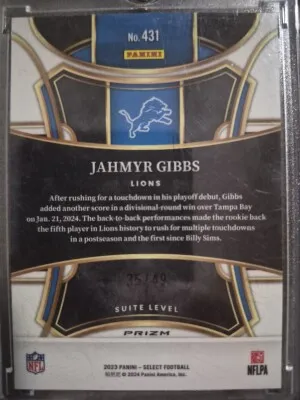 2023 Panini Select - Suite Level Jahmyr Gibbs #431 Red Prizm  /49 (RC) back