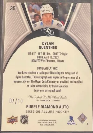 Dylan Guenther Allure Purple Diamond Auto /10 back