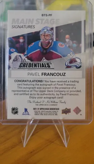 2021-22 UD Credentials Main Stage Signatures Pavel Francouz #BTS-PF (AUTO) back