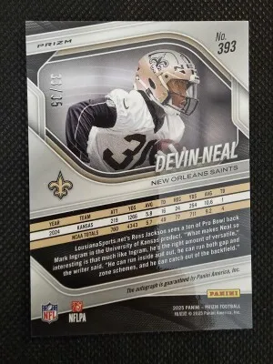 2025 Panini Prizm #393 Devin Neal FOTL Red Shimmer Auto 33/35 (RC) back