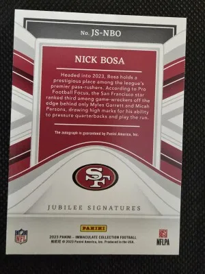2023 Panini Immaculate Nick Bosa Jubilee Signatures SP 08/49 AUTO back