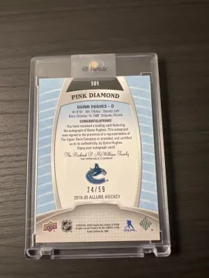 Quinn Hughes Allure Pink Diamond Rookie Auto /59 back